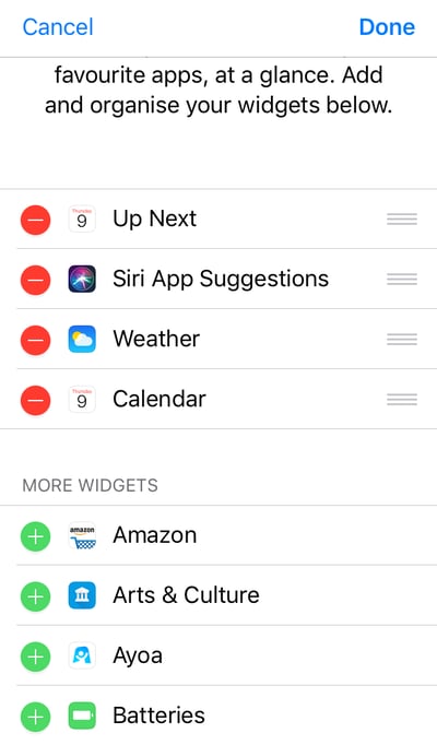 View of the mobile Widgets settings.
