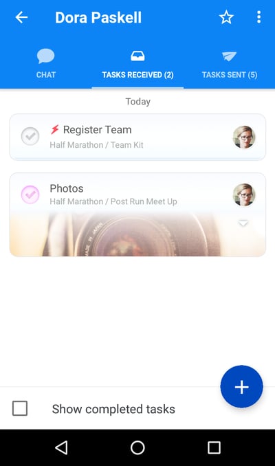 The list of the received tasks in the chat.