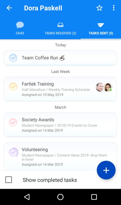 Chat tab: tasks sent