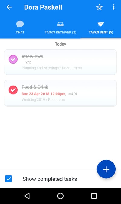 The list of the crossed tasks in the tasks sent section.