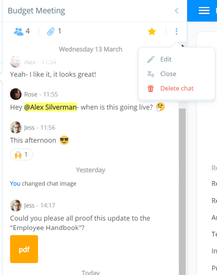 To edit the details of a group chat, click on the three vertical dots in the top right-hand side of the chat window.