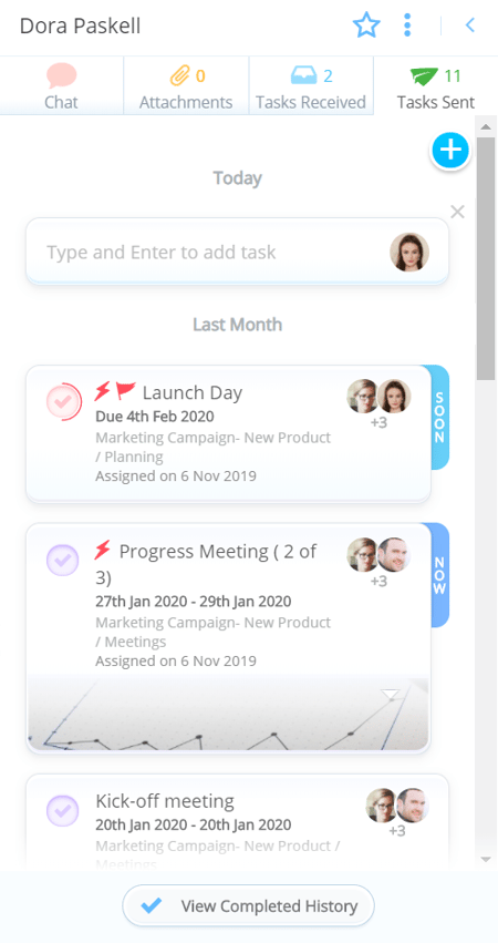Chat window with the Tasks Sent tab opened.