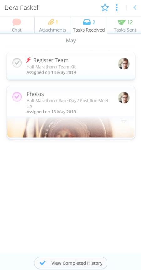 Chat window opened in the tasks received tab.