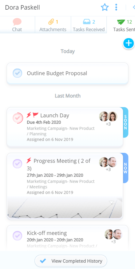 Tasks sent tab in the chat with the tasks.