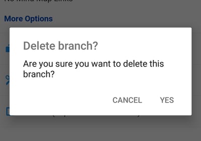 Showing a request to confirm branch deletion.