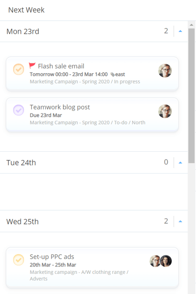 second column will show tasks for the following week