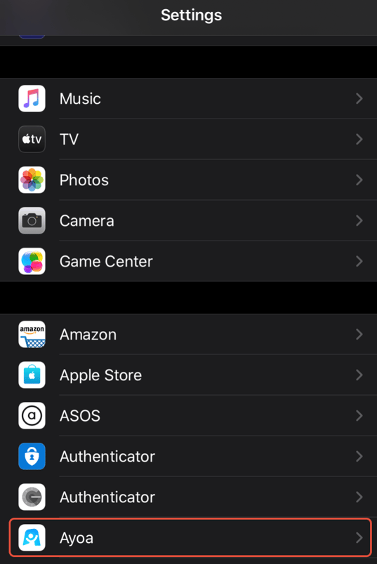Open the app settings for Ayoa.
