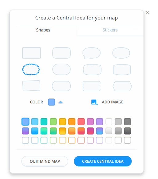 Click on the different shapes to change the design of the central idea and click on the color box to open the color swatch.