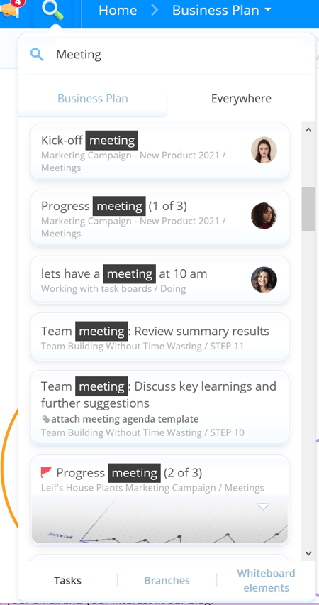 Search window with results for word Meeting.