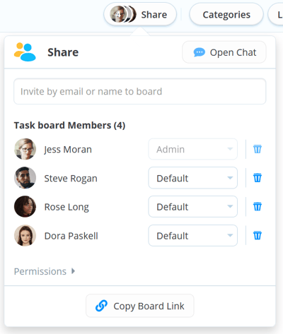 Selecting new user to task board under Share button.