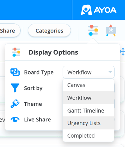 Selecting a task board view in the Display Options.