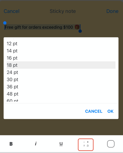 Selecting text size.