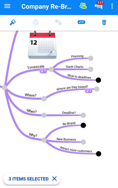 Branches with black dots on selected branches.