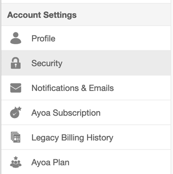 Account settings with selected security section.
