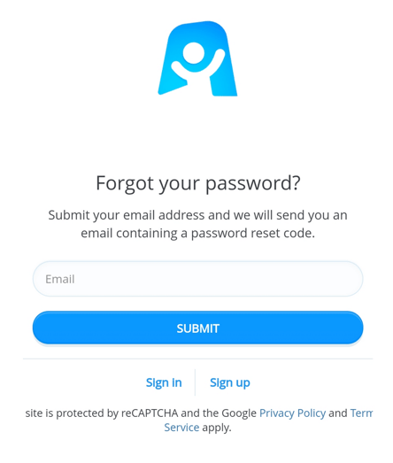 The forgotten password page with the box for the email.
