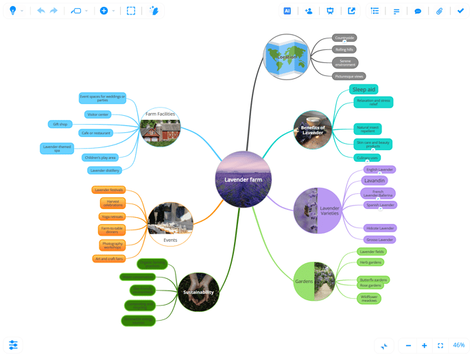 View of the mind map with the note icon selected.
