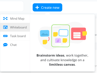 Opening the + create new option and selecting whiteboard.
