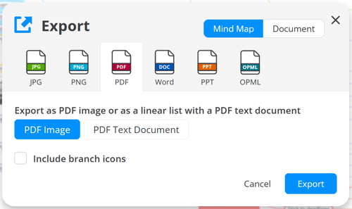 Export window with selected PDF icon.