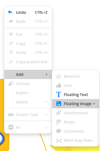 Context menu with selected floating images section.
