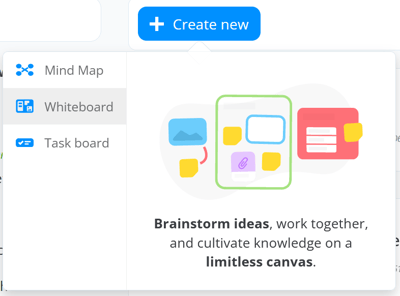 Opening the + create new option and selecting whiteboard.