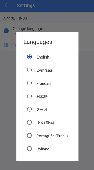 Choosing language from the menu