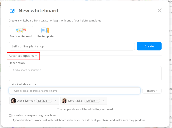 Naming whiteboard and adding other users under the Advanced options