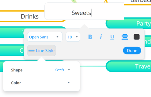 In the formatting window, you can type text, change font type, size, and colour, as well as edit the line style and colour. 