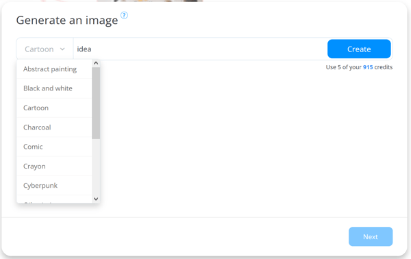 Selecting image type within AI image picker.