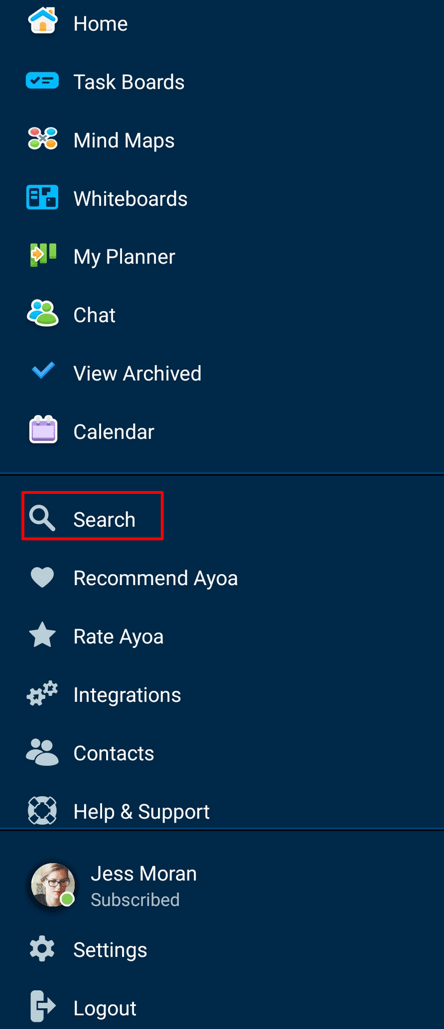Menu with selected search option.