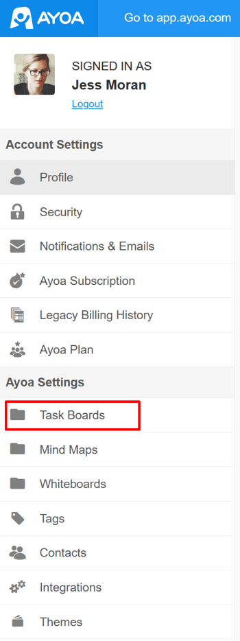 View of the settings with selected Task Boards.