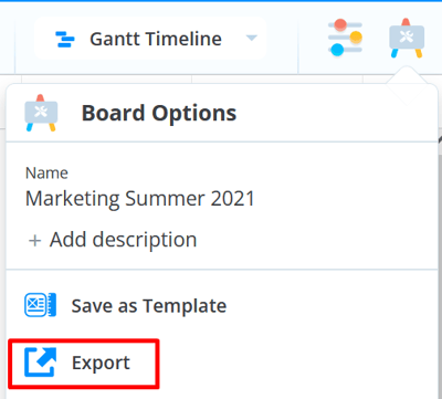 Board Options with selected Export.