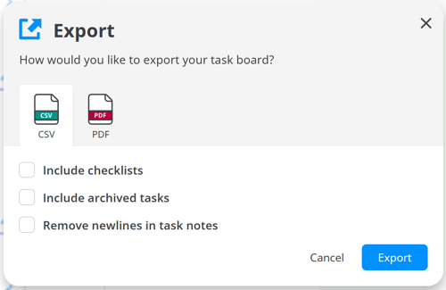 Export window with selected CSV.
