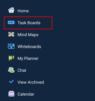 The task boards option selected in the menu.
