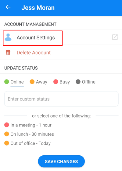 Settings with the Account Settings option selected.