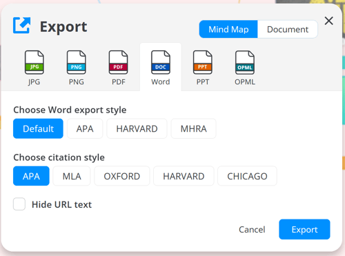 Export option with Word icon selected.
