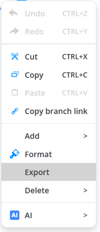Context menu with the Export section highlighted.