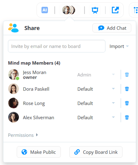 Ayoa's share window allows you to invite and manage users on your board