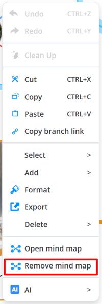 The context menu with selected Remove mind map option 