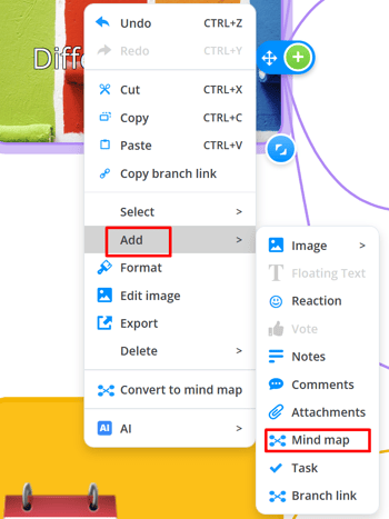 The context menu with selected Add and Mind Map options.