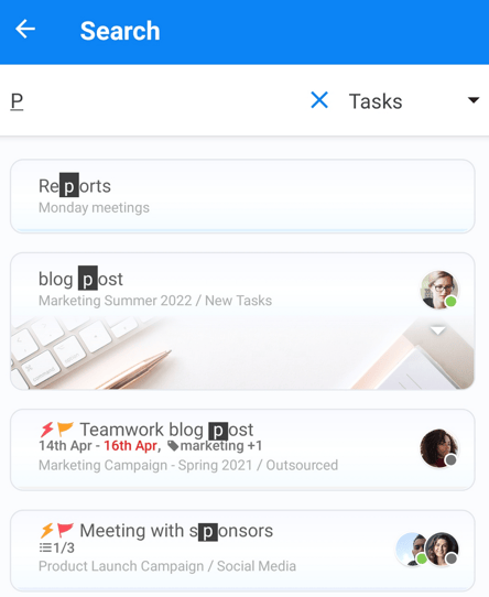 Search results for any tasks that include the letter p.