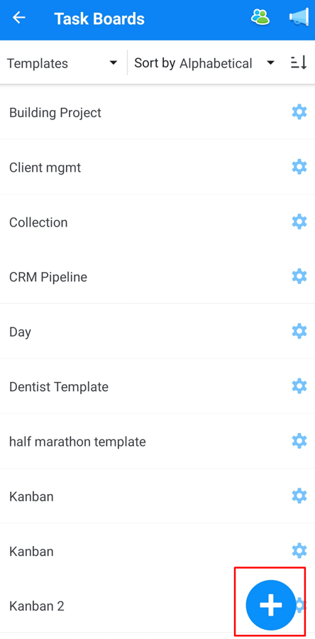 List of the saved templates with selected the plus icon.