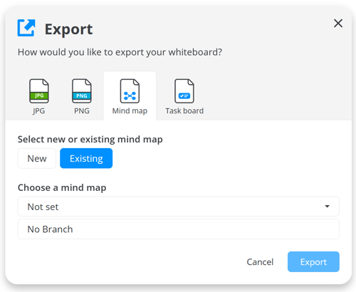 Export window with Existing option selected.