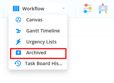 Task board views shown in the drop-task menu with highlighted Archived 