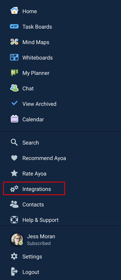 Menu with selected Integration button.
