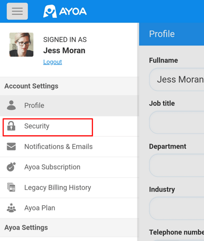 Account Settings with Security section selected.