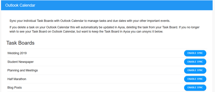 Task board list for outlook calendar integration.