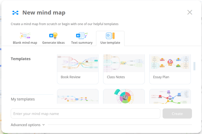 New mind map creation screen, go to the Use template tab.