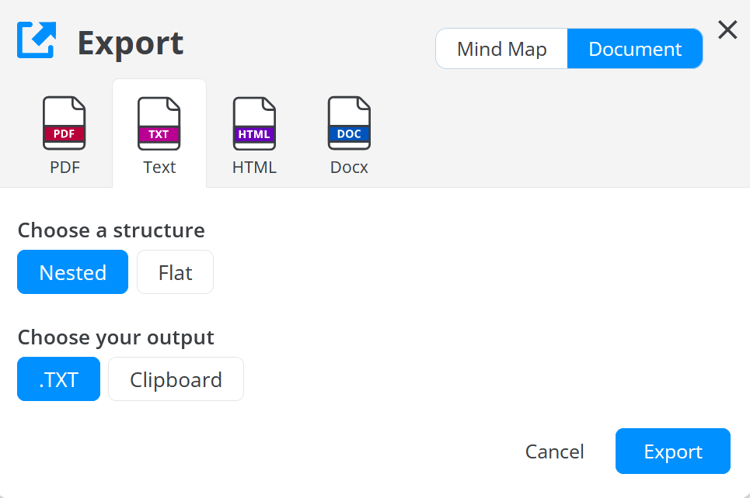 Exporting your Mind Map from a Document view