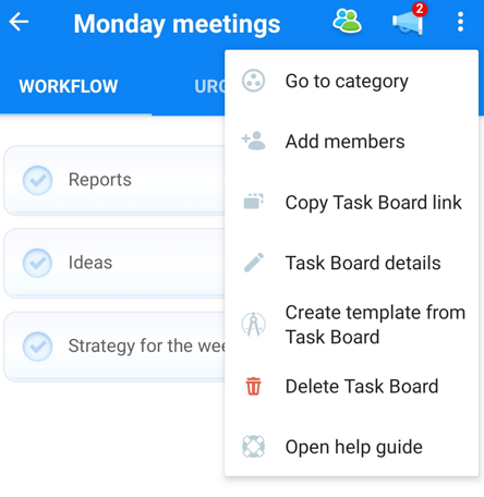 Opening the 3-dot icon to access task board settings.