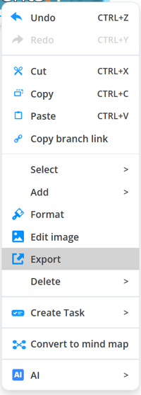 Context menu with the Export section highlighted.